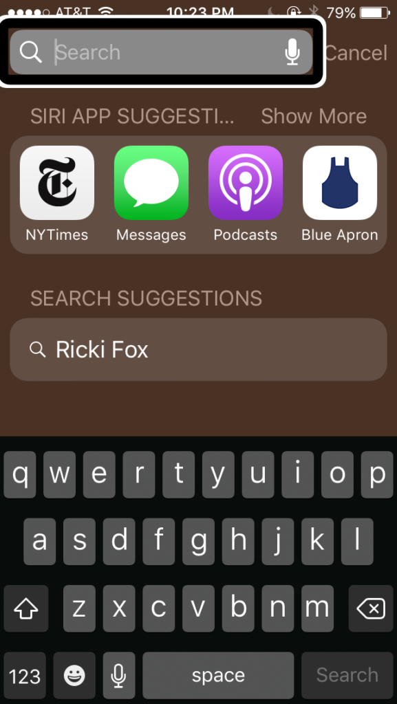 A highlighted search bar and dictation button on the iPhone search screen. 