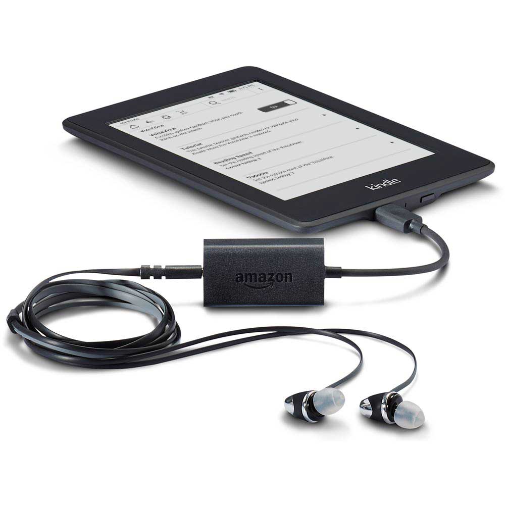 An Amazon Paperwhite eReader with a VoiceView audio adapter. 