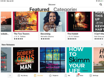 Image of Alexa app screen showing list of featured and new books. 