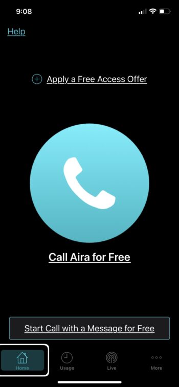 Screenshot of Aira app home page.