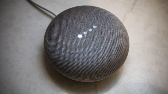 Image shows gray Google Home mini speaker