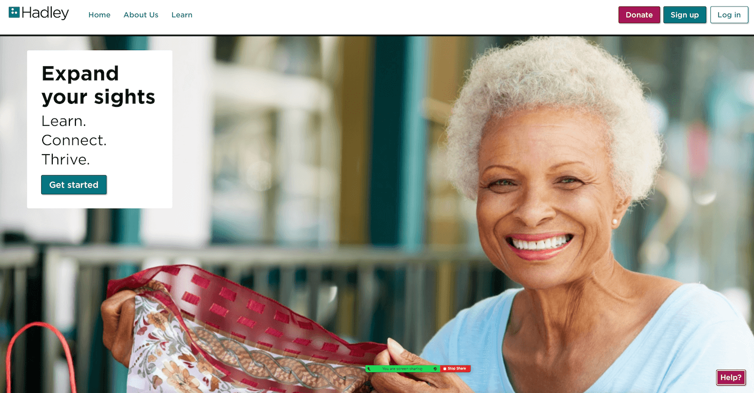 Image Shows senior woman smiling on hadley.edu home page.