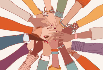 Graphic Image shows many hands coming together in helping gesture