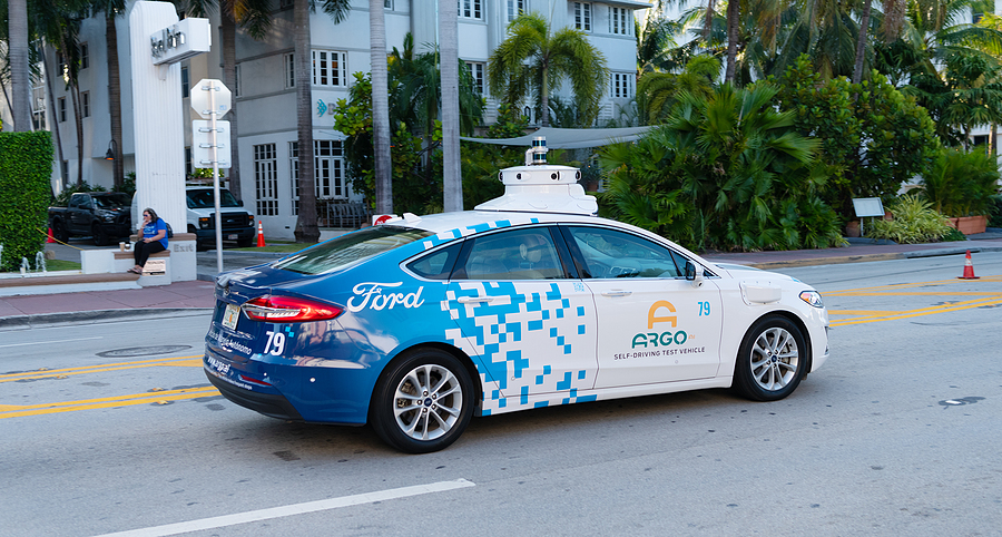 Image shows Ford autonomous transport test vehicle in Miami.