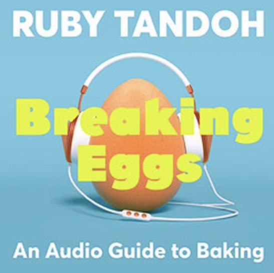 Breaking Eggs audio guide graphic of headphones on an egg. 