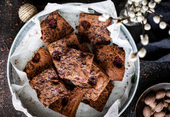 Image shows plate of delicious freshly baked brownies.