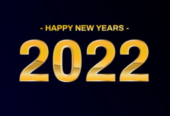 Happy New Year 2022 in gold letters on black background.