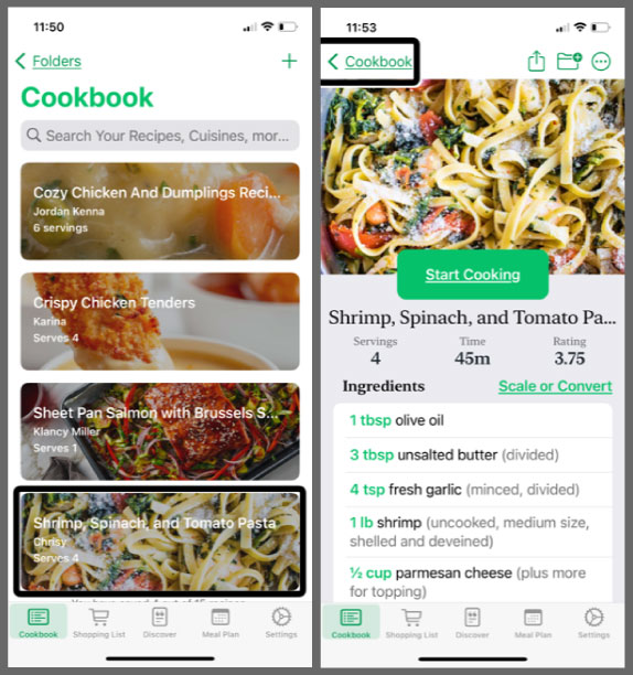Screenshots of Pestle App recipes.