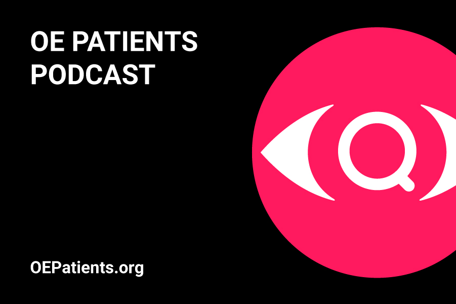 OE Patients Podcast in white text with magenta and white OE Patients logo.