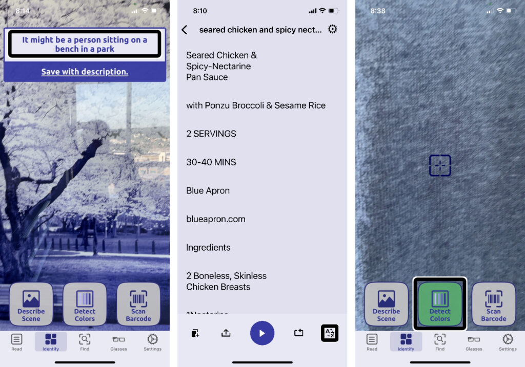 Envision app screenshots for Describe Scene, Scan Document & Color ID