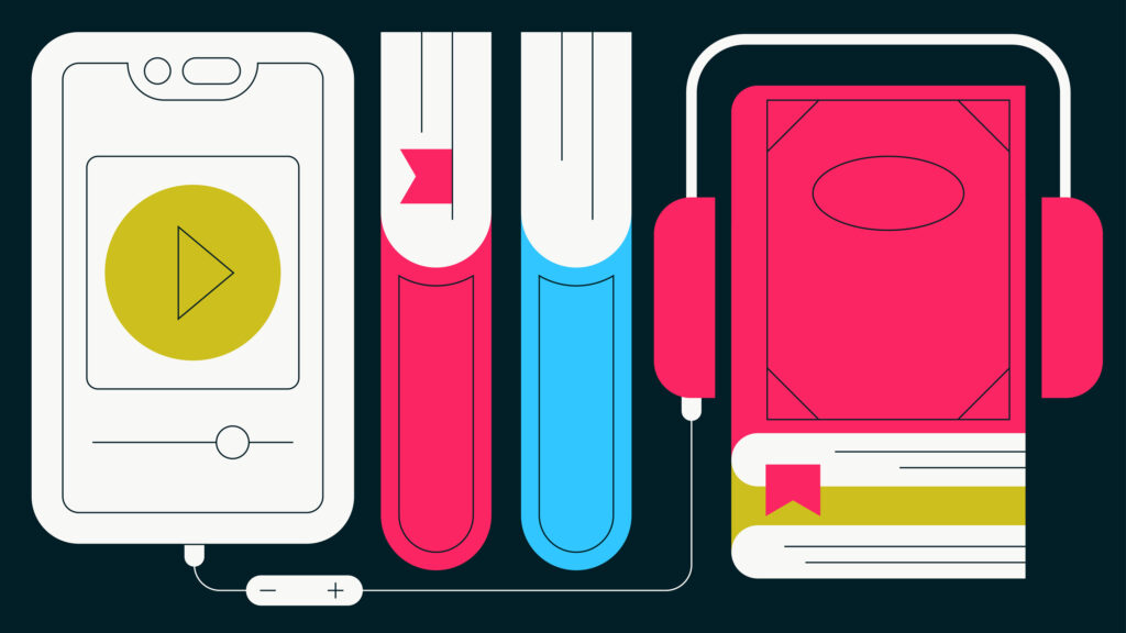 Colorful illustration of audiobooks on smartphone showing play button, stacked books and headphones 
