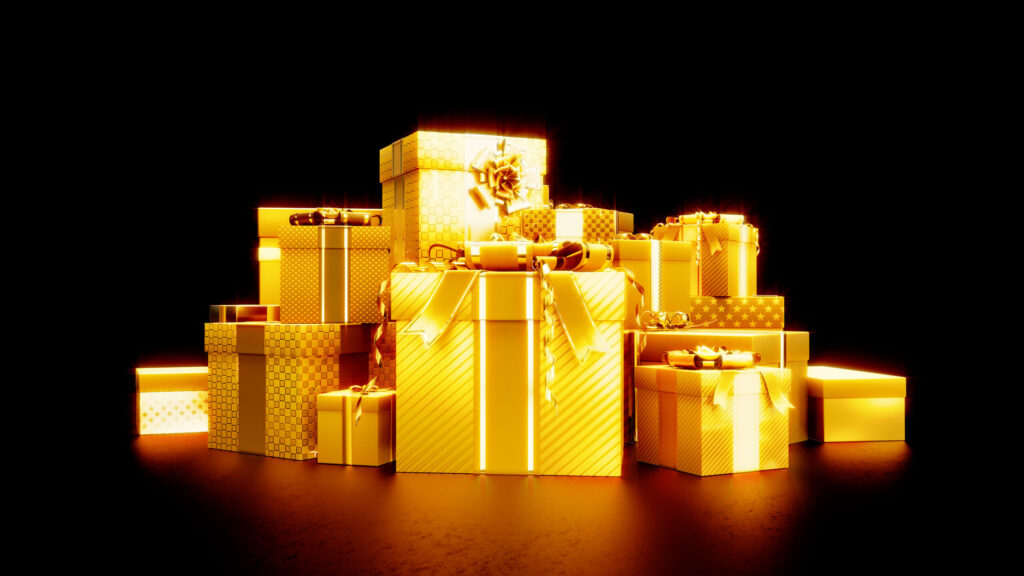 Collections of golden boxes on dark background.