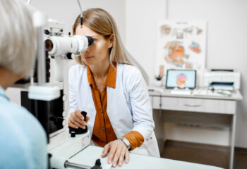 Ophthalmologist examining patient in office